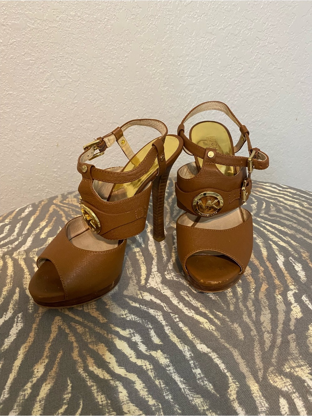 Michael Kors Tan Leather Platform High-Heel Sandals with Gold Logo